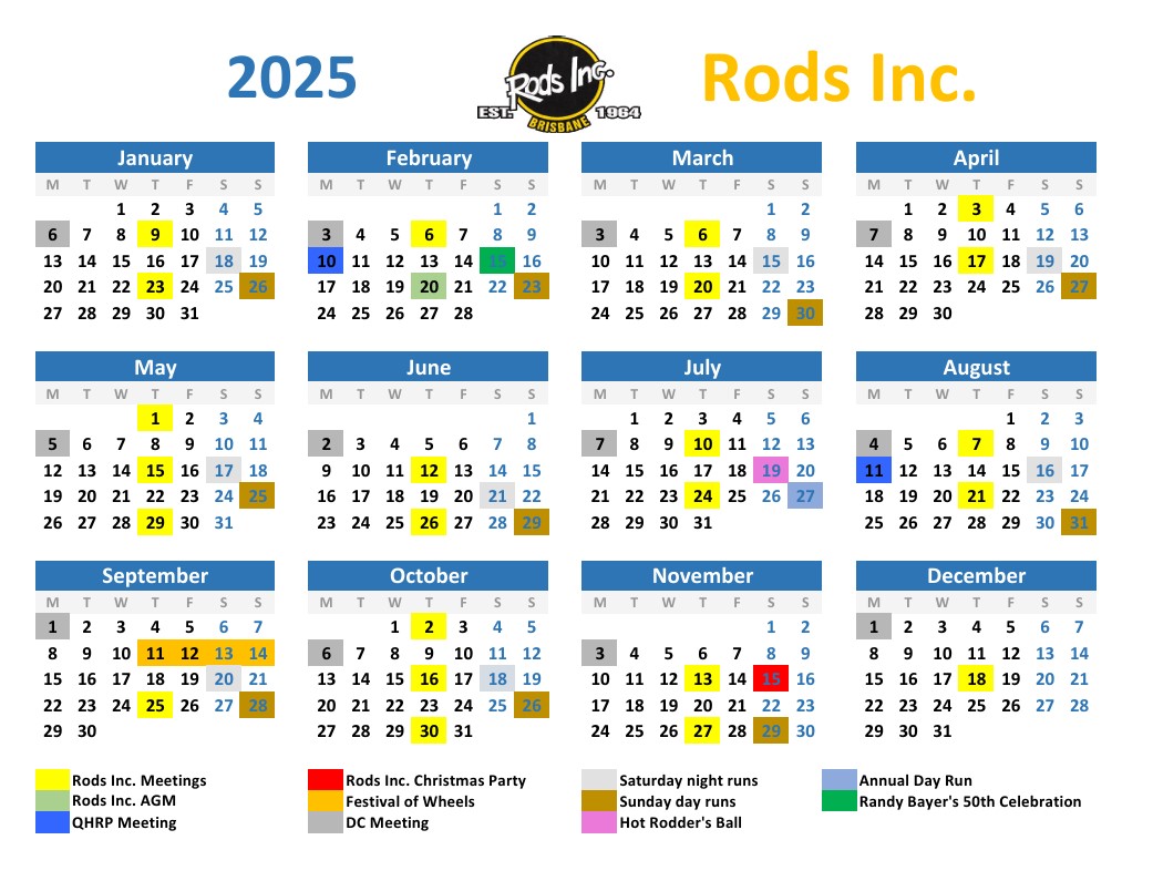 Rods Inc. Calendar